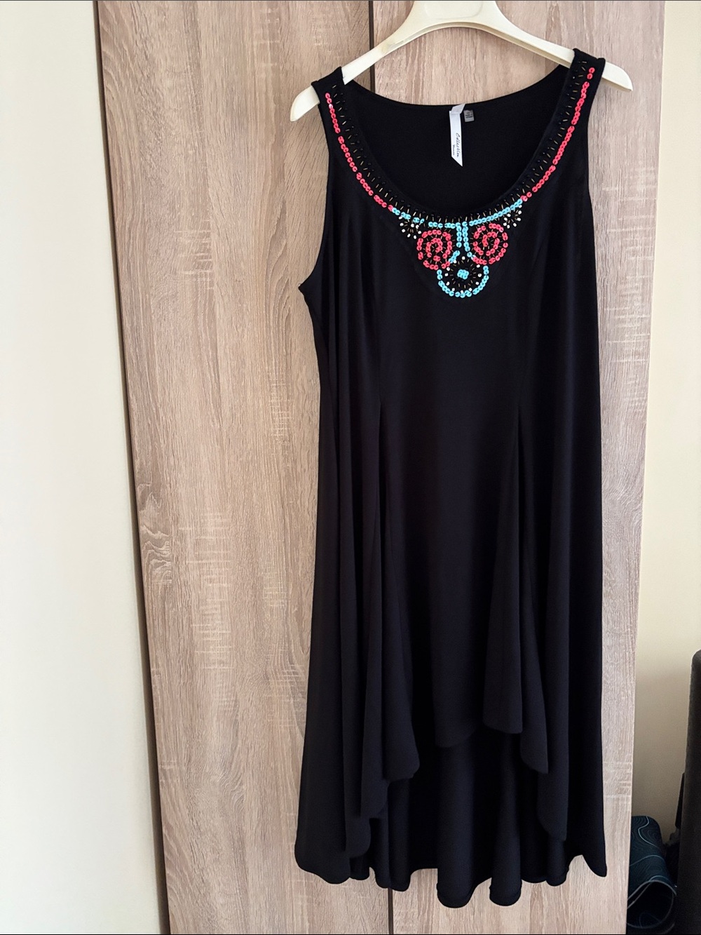 NY Collection Black Sleeveless Dress with Pink and Turquoise Beaded Neckline